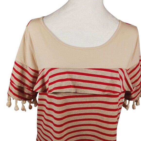 Umgee, Dress, Size Large, Red and Tan Stripes, with Ruffle and Tassel Accents - Picture 5 of 15